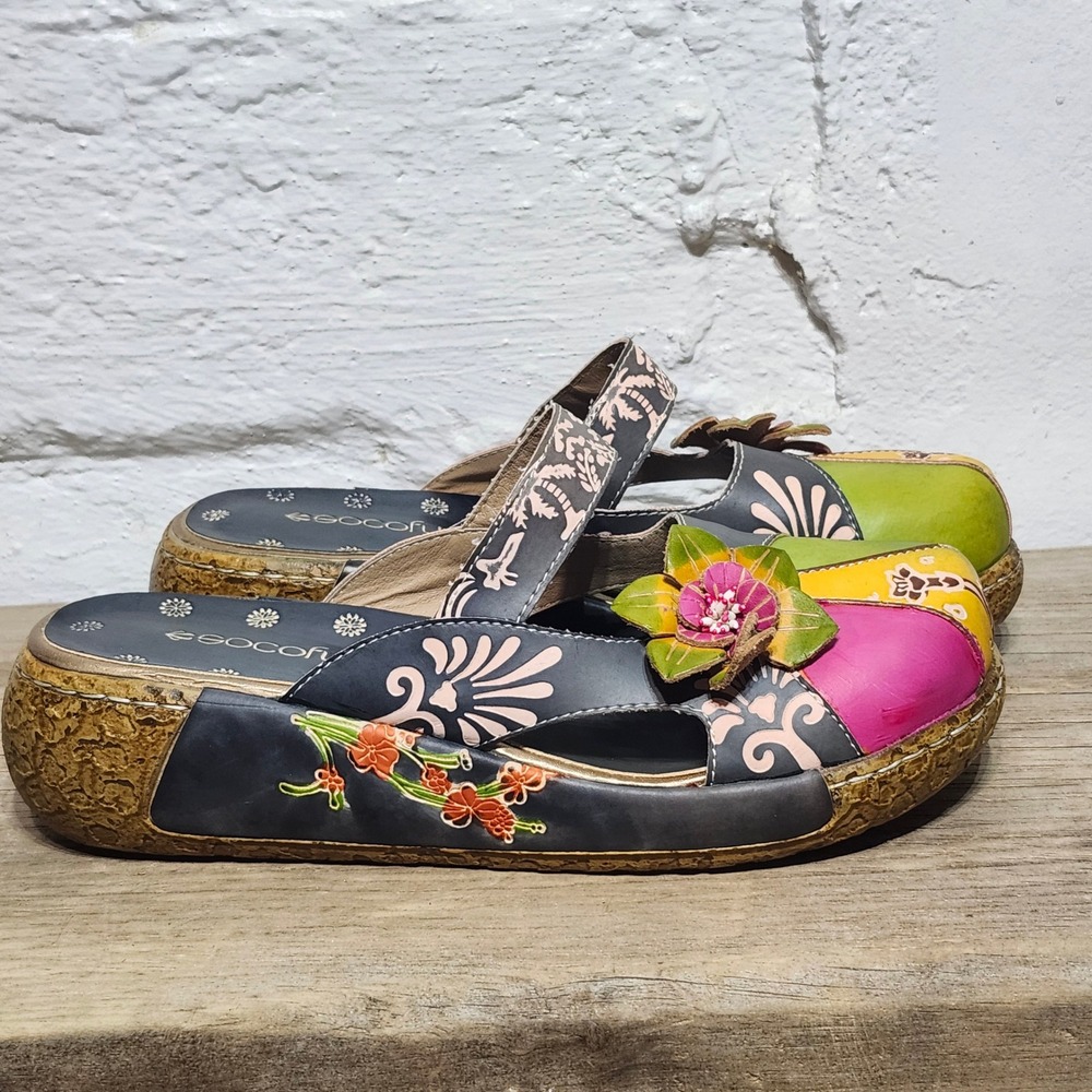 Socofy Womens Leather Floral‎ Mary Jane Platform Clogs Shoes Colorful Boho EU 41